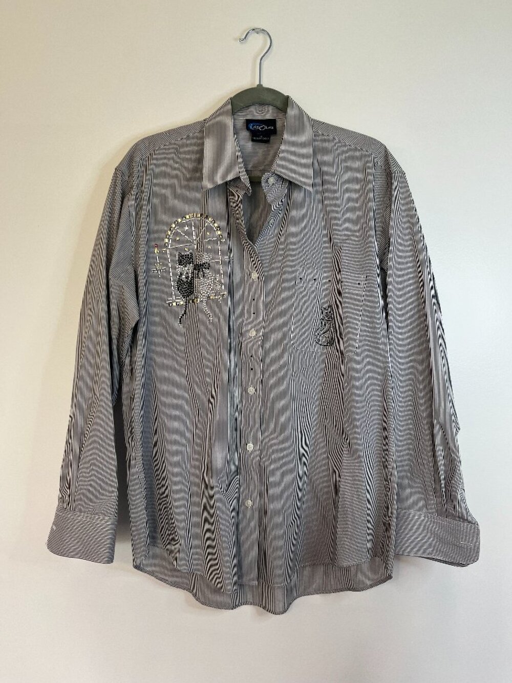 Las Olas Vintage Vertical Stripe Cat Button Down Shirt